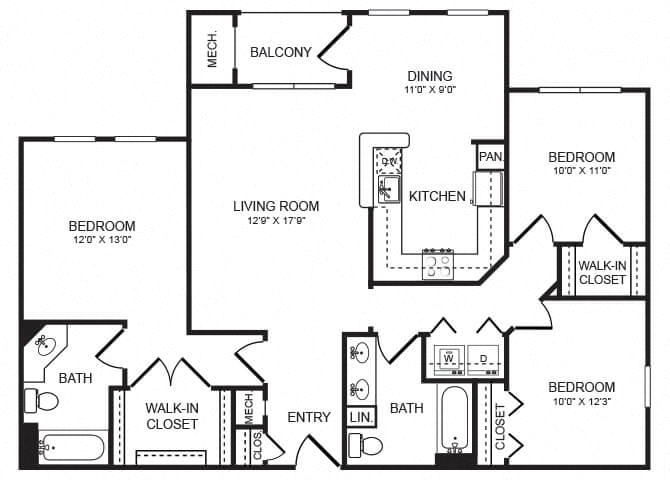 Floor plan for 3 beds, 2 baths, 1334 sqft